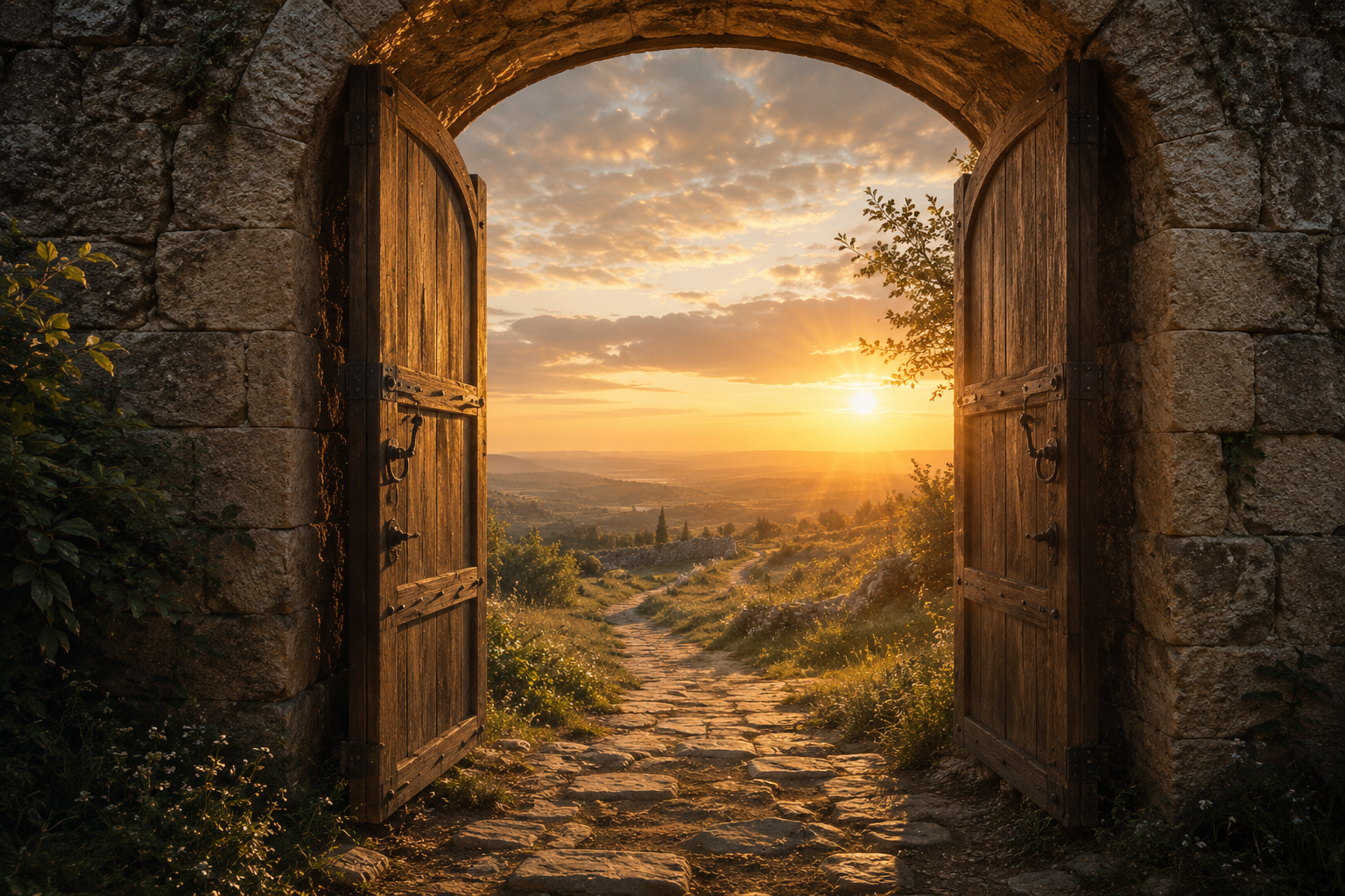 An open timber gate in a stone arch, a path leading toward a rising sun